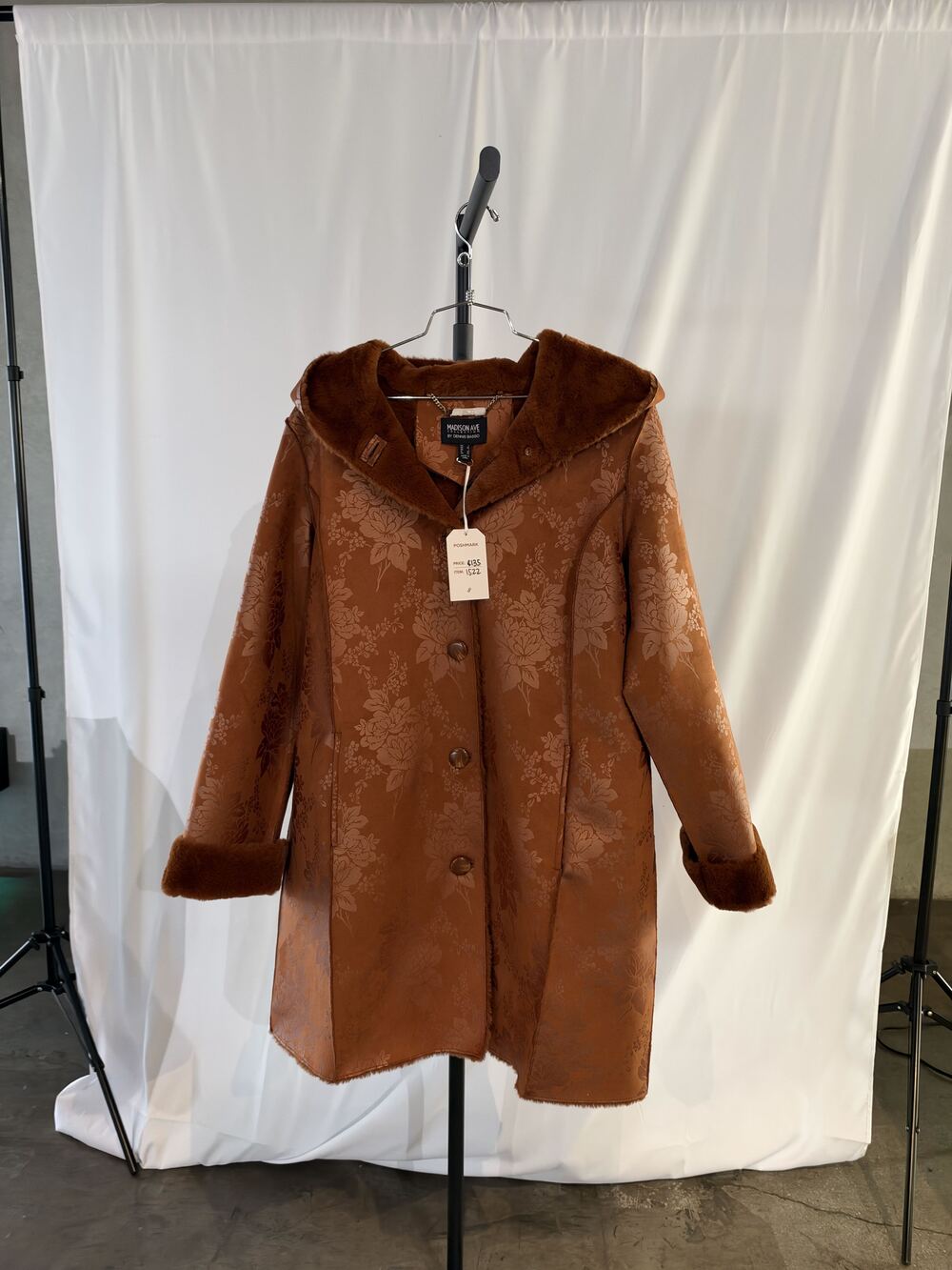 PF-1522 Dennis Basso Rust Floral Jacquard Trench Coat with Faux Fur Trim
